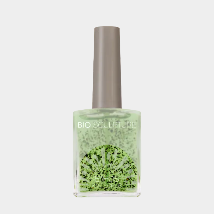 Bottle of Bio Sculpture nail polish with a green design on a white background