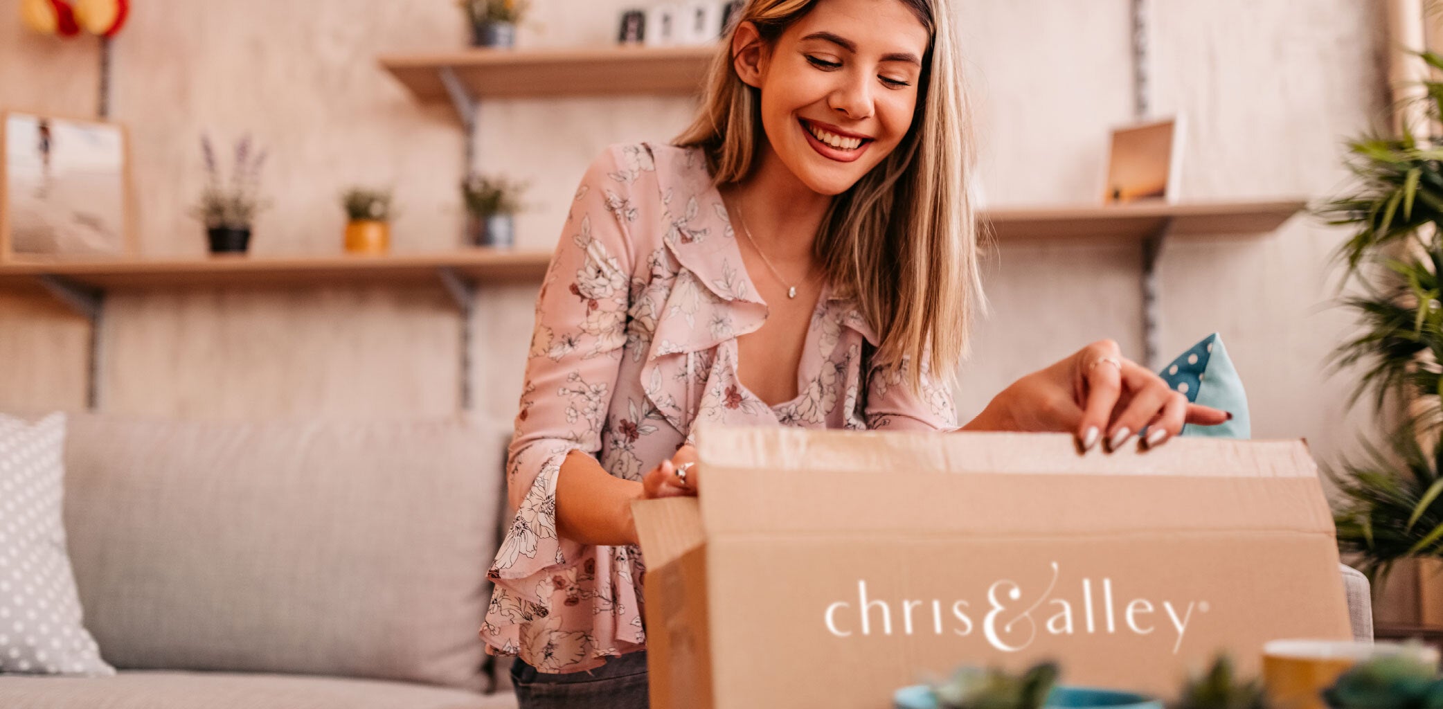 Lady unboxing chris and alley online package delivery